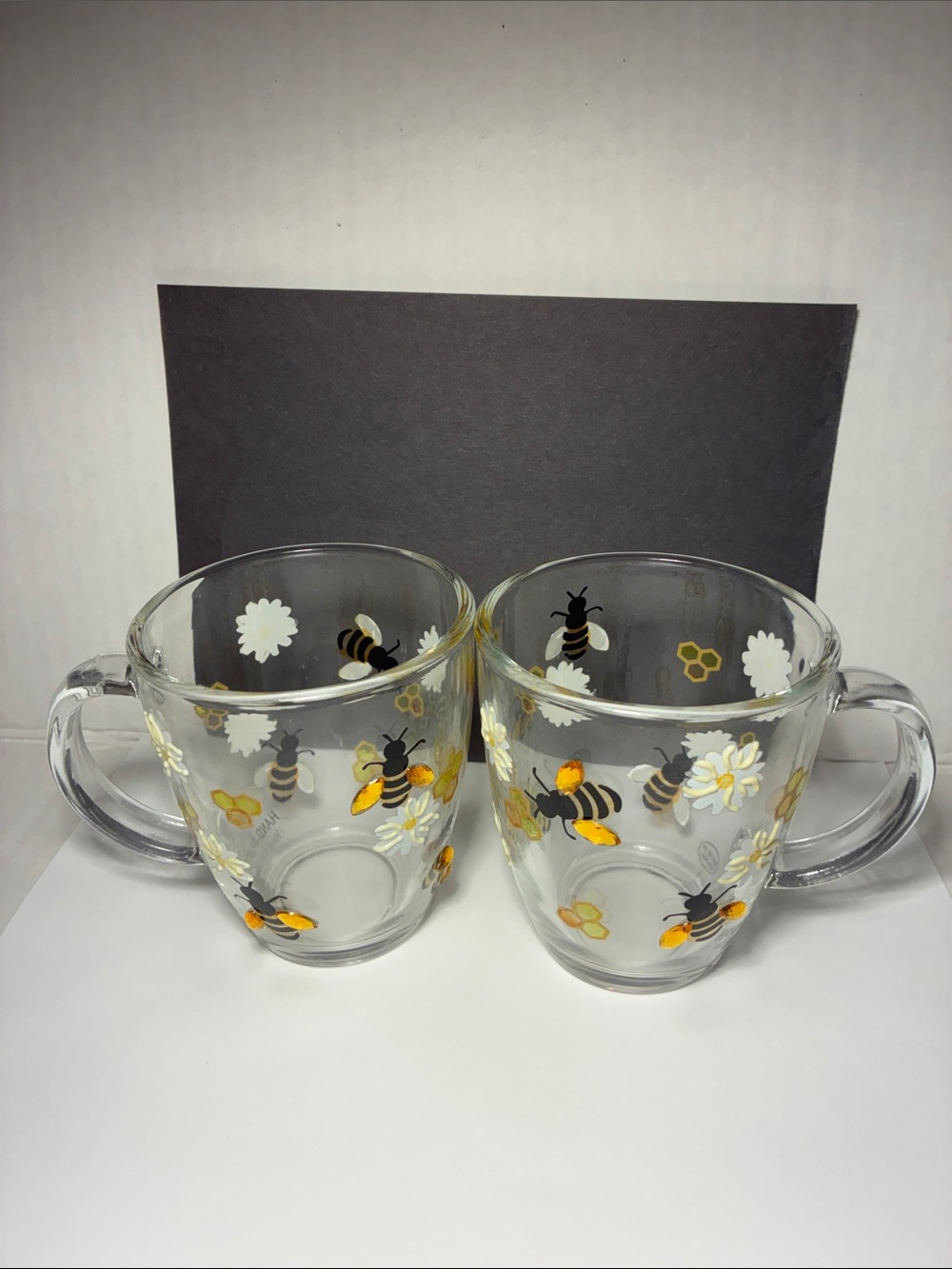 BUMBLE BEE Glass Mugs with Yellow Bee and White Flower Design - Set of 2